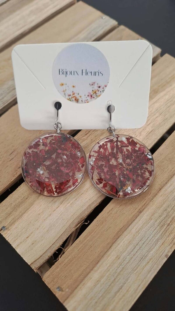 🌺Boucles d’oreilles clips ronde pétales de roses rouges🌺