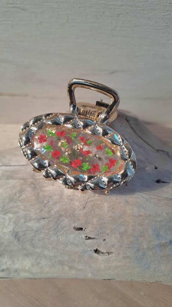 Petite pince à cheveux fleurs naturelles séchées de carottes sauvage colorées verts et rouges