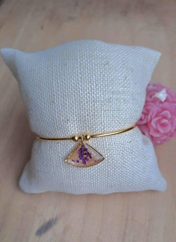 Bracelet jonc doré fleurs de carottes sauvages violettes