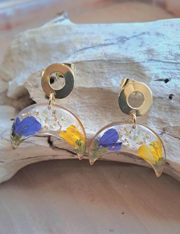 Boucles d'oreilles fleurs séchées Lobélia et Forsythia, particules de feuilles d'or