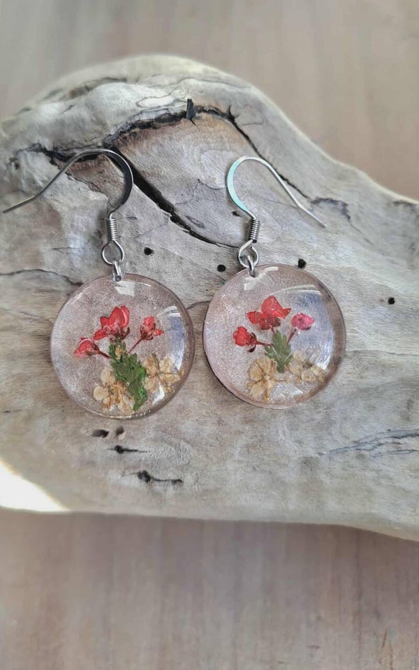 Boucles d'oreilles fleurs séchées Lantana et fleurs de Sureau, particules de feuilles argent