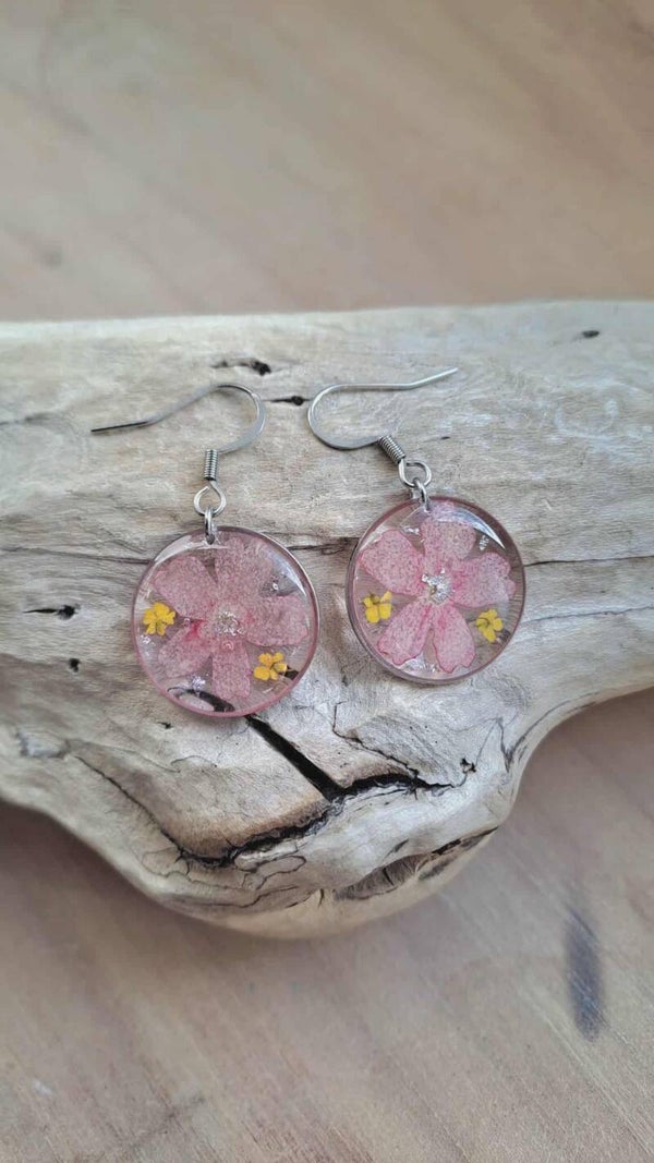 Boucle d'oreilles fleurs séchées de Verveine et particules de feuilles argent