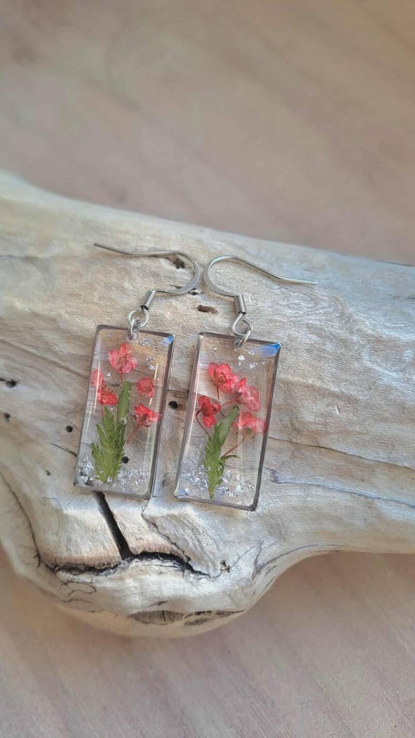 Boucles d'oreilles fleurs séchées de Lantana, Fougères et particules de feuilles argent