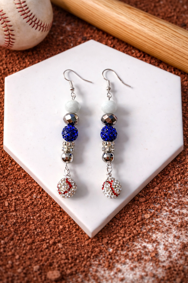 Blue & White Baseball Drop Earrings – Handmade Sparkle Dangles