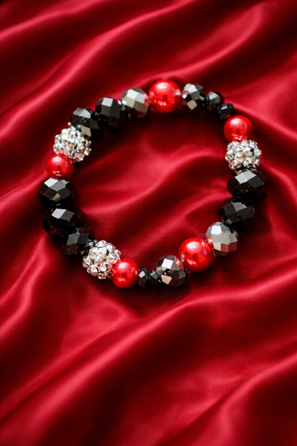 Black Crystal & Red Pearl Stretch Bracelet – Bold Glam Statement