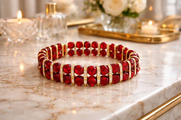 Ruby Red & Gold Crystal Stretch Bracelet – Elegant Statement Jewelry