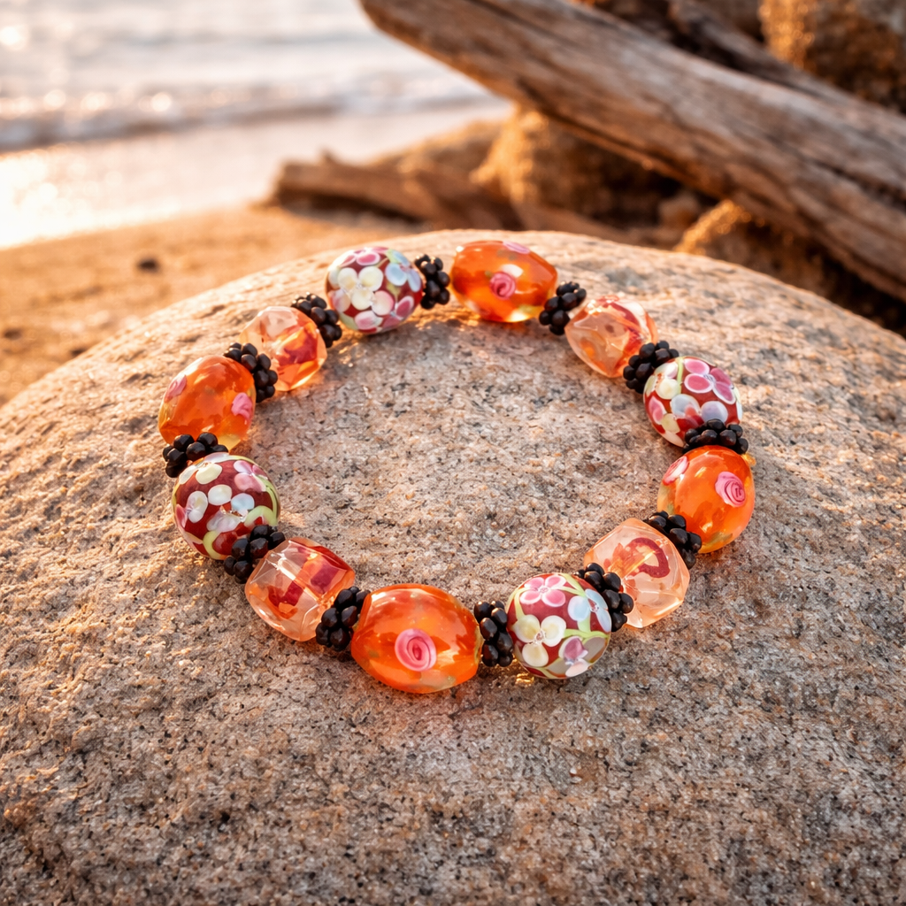 Sunset Blossom Glass Bead Stretch Bracelet