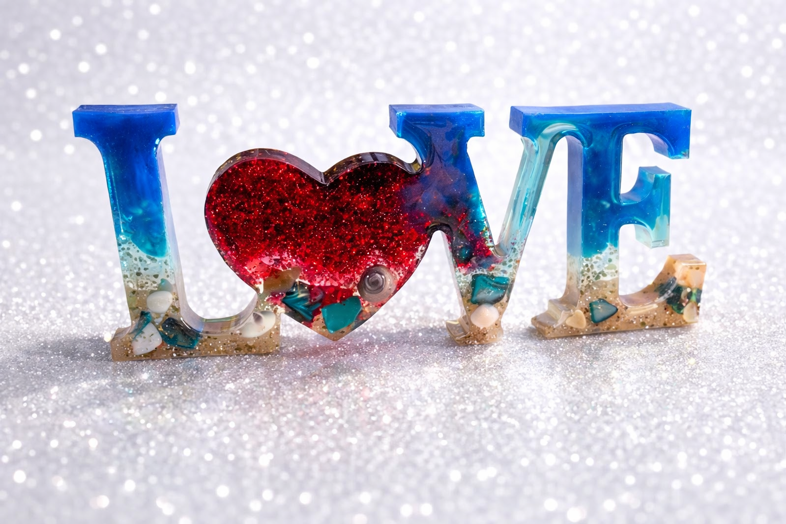 Coastal LOVE Resin Decor with Red Glitter Heart