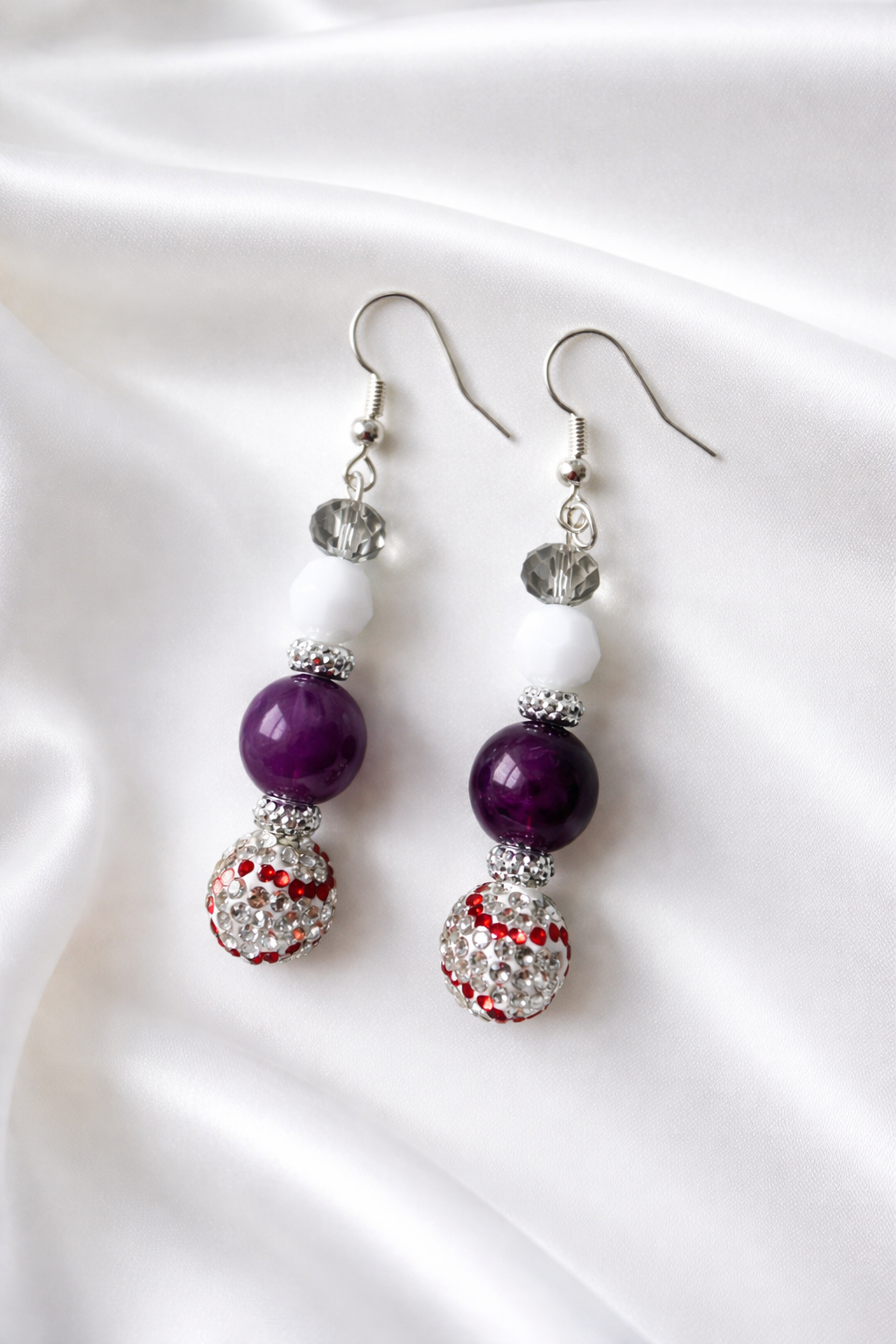 Purple & Silver Baseball Drop Earrings – Handmade Sparkle Dangles