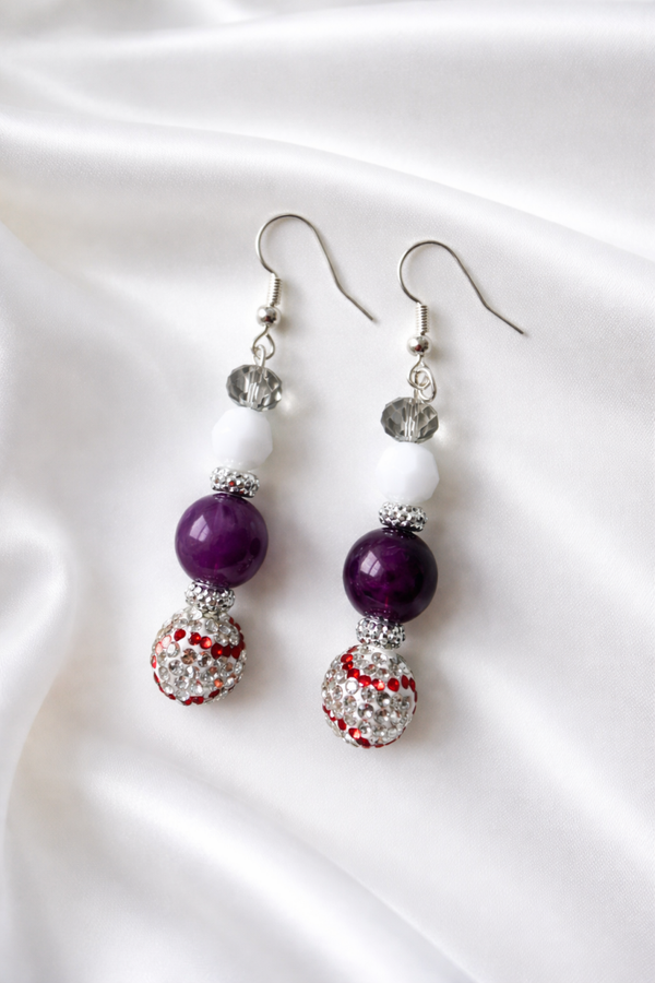 Purple & Silver Baseball Drop Earrings – Handmade Sparkle Dangles
