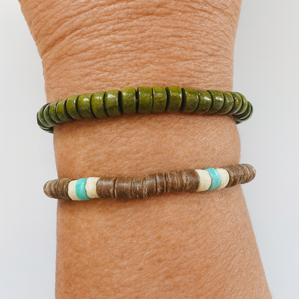 Natural Beaded Bracelet Duo – Earthy Green & Brown with Turquoise Accents