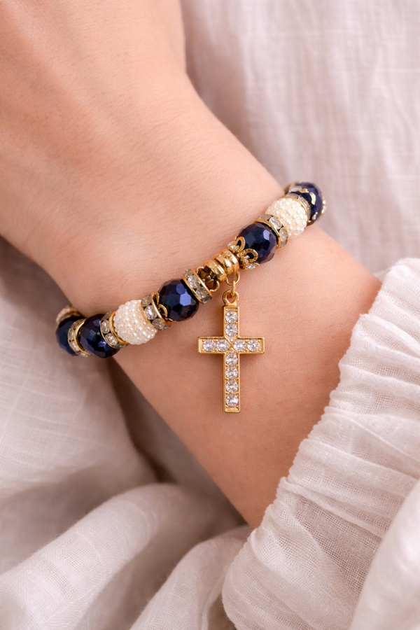 Navy Blue Beaded Cross Charm Bracelet Gold Tone Rhinestone Stretch 7” Wrist