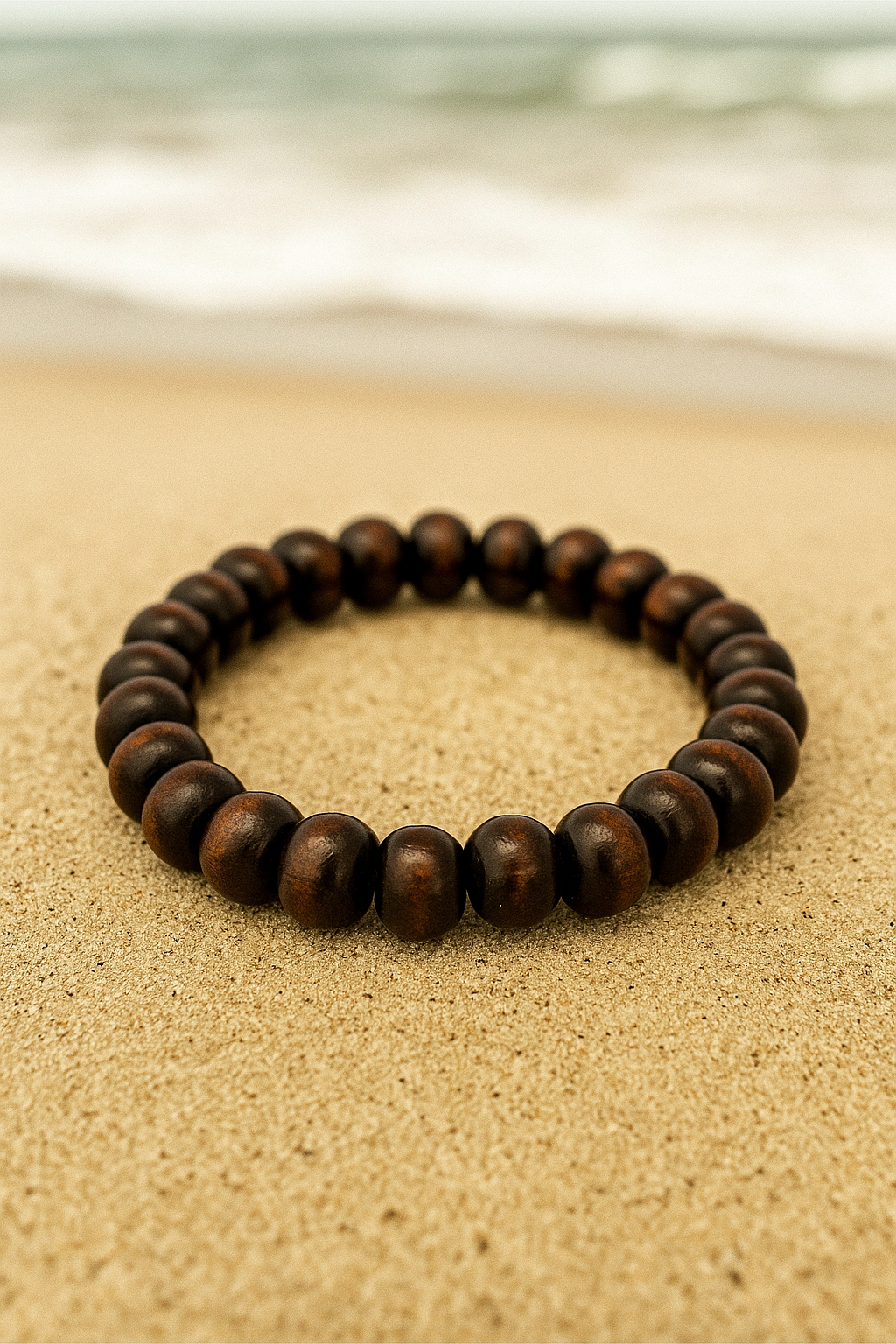 Wooden Bead Bracelet on a Serene Beach