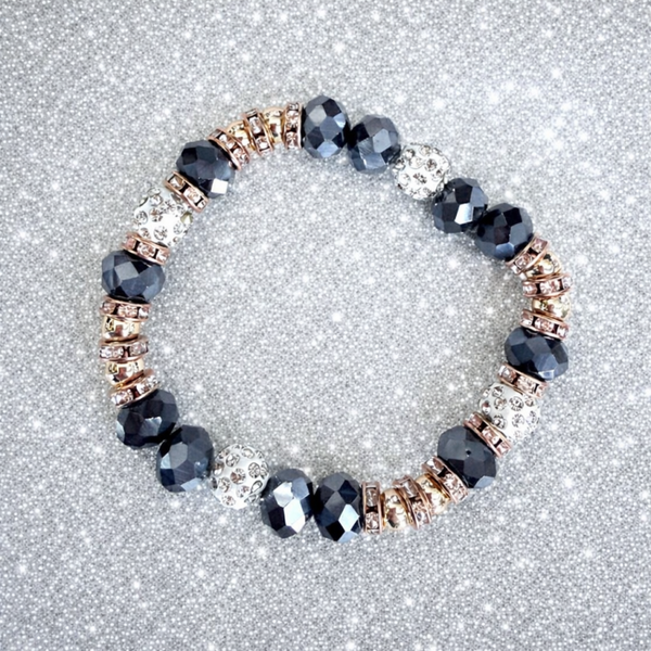 Midnight Gray Crystal Stretch Bracelet with Rose Gold & Pavé Accents
