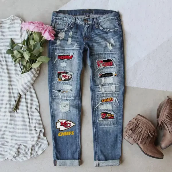 Game Day Distressed Patch Jeans – Chiefs Edition