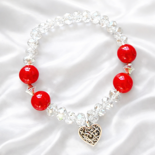 Red & Crystal Heart Charm Stretch Bracelet – Elegant Everyday Sparkle
