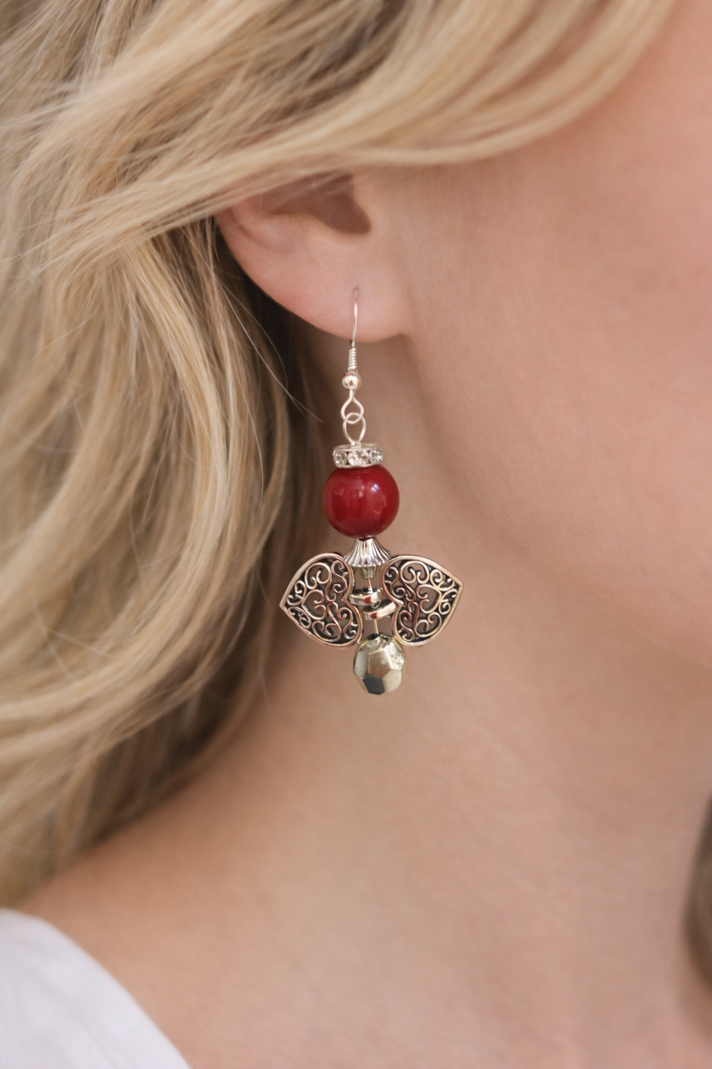 Angel Wing Drop Earrings with Red Pearl Beads – Elegant Handmade Jewelry