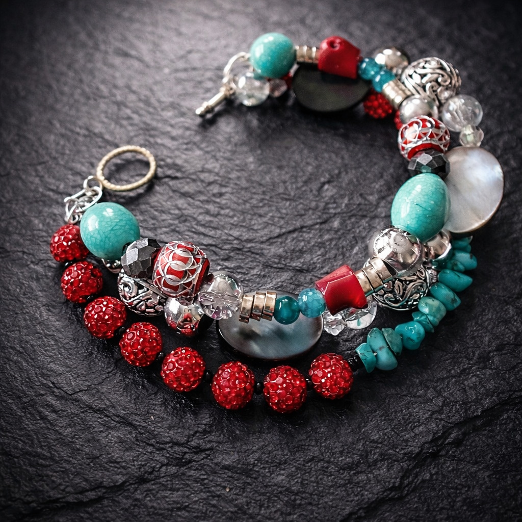Southwestern Turquoise & Red Statement Bracelet | Boho Western Jewelry