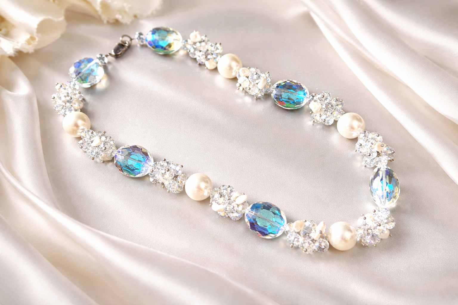 Iridescent Pearl & Crystal Statement Necklace 9.5” – Elegant Wedding & Prom Jewelry