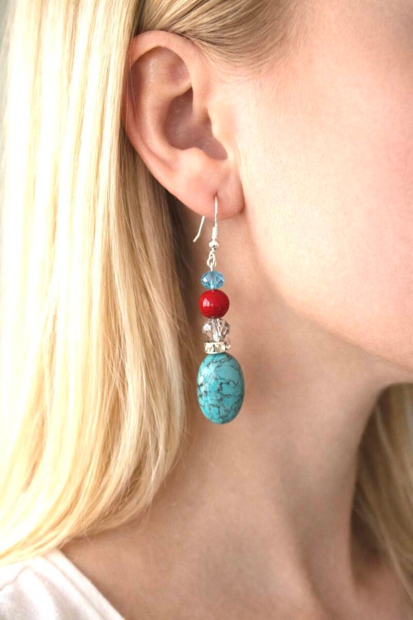 Turquoise & Red Beaded Western Drop Earrings