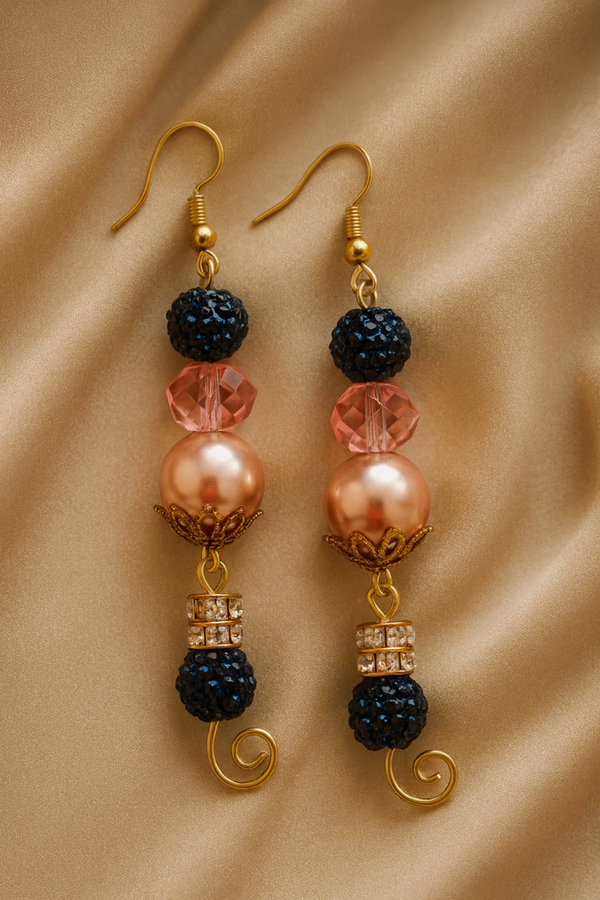 ✨ Rose Gold Pearl & Midnight Sparkle Dangle Earrings ✨