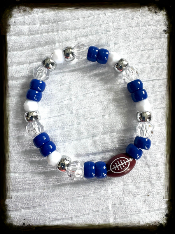 Blue, White & Silver Football Beaded Stretch Bracelet – Game Day Jewelry