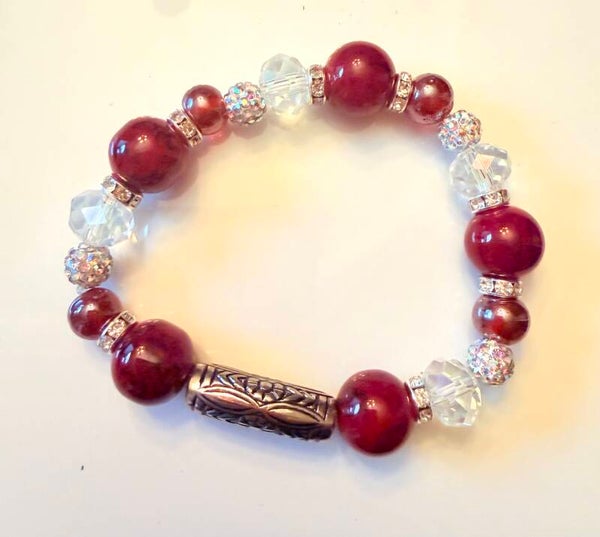Burgundy Crystal Glow Beaded Bracelet with Antique Silver Accent