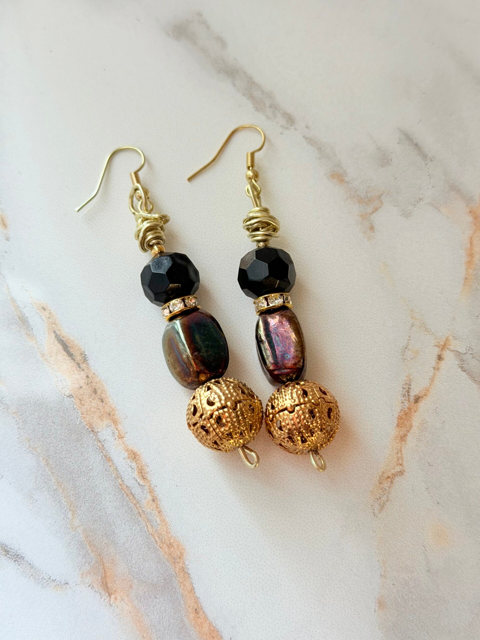 Black Crystal & Iridescent Bead Gold Filigree Dangle Earrings