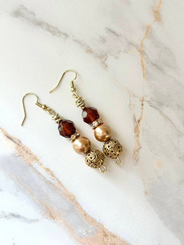Elegant Amber Bead & Gold Filigree Earrings