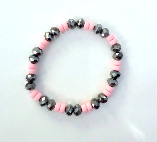 Pink Heishi & Faceted Gray Bead Stretch Bracelet – Minimalist Beaded Bracelet