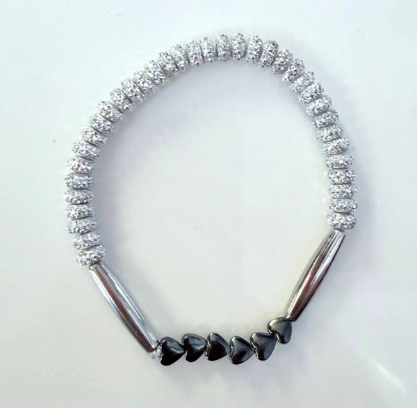 Silver Rhinestone & Black Heart Stretch Bracelet – Elegant Sparkle Bracelet