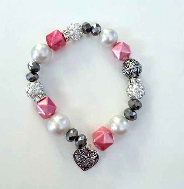 Pink Pearl & Silver Heart Charm Bracelet – Handmade Beaded Stretch Bracelet