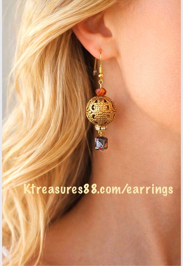 Gold Filigree Drop Earrings with Crystal Accent