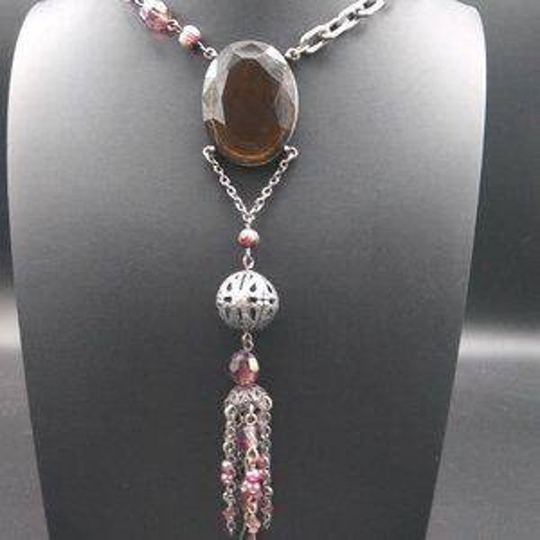 Mark SH Faceted Brown Stone Pendant Necklace with Beaded Tassel