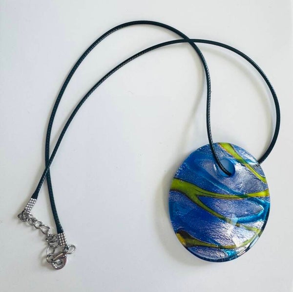 Elegant Glass Pendant Necklace in Blue and Green Tones 18”