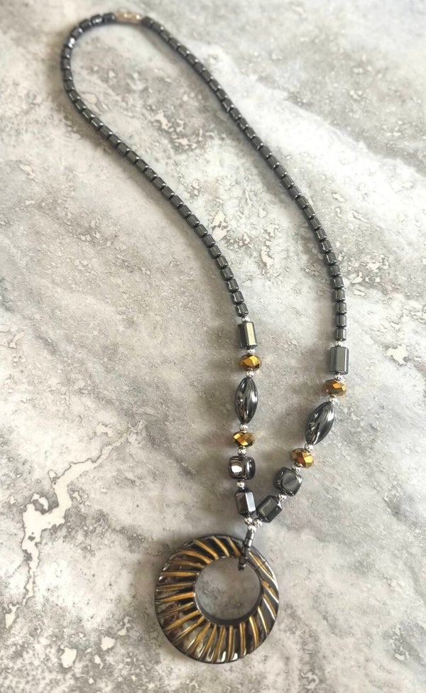 Hematite & Golden Crystal Pendant Necklace