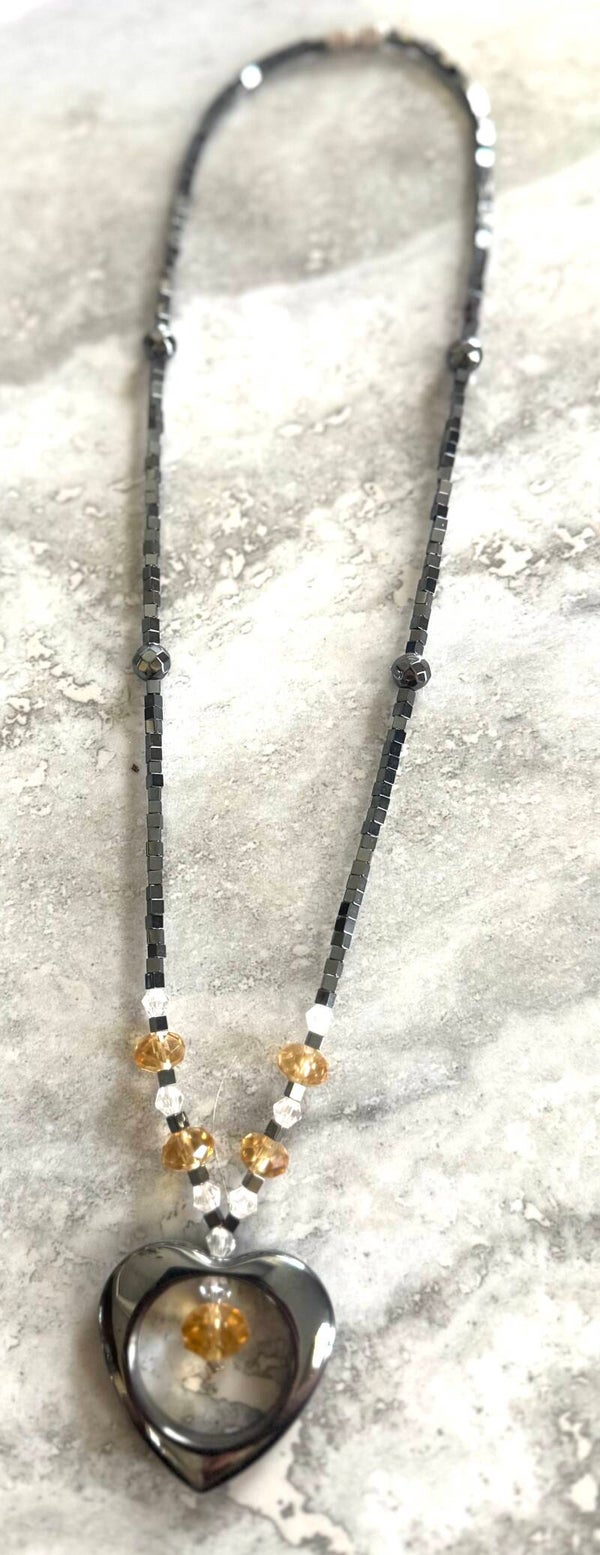 Hematite Heart Pendant Necklace with Golden Crystals