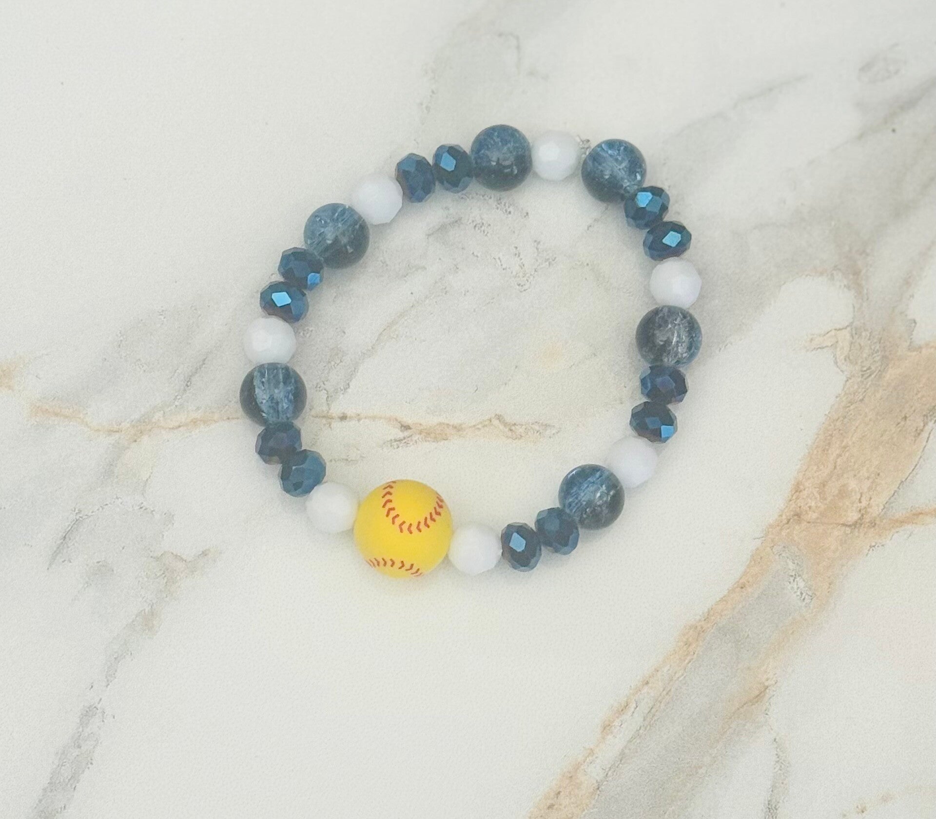 Yellow Softball & Blue Beaded Stretch Bracelet