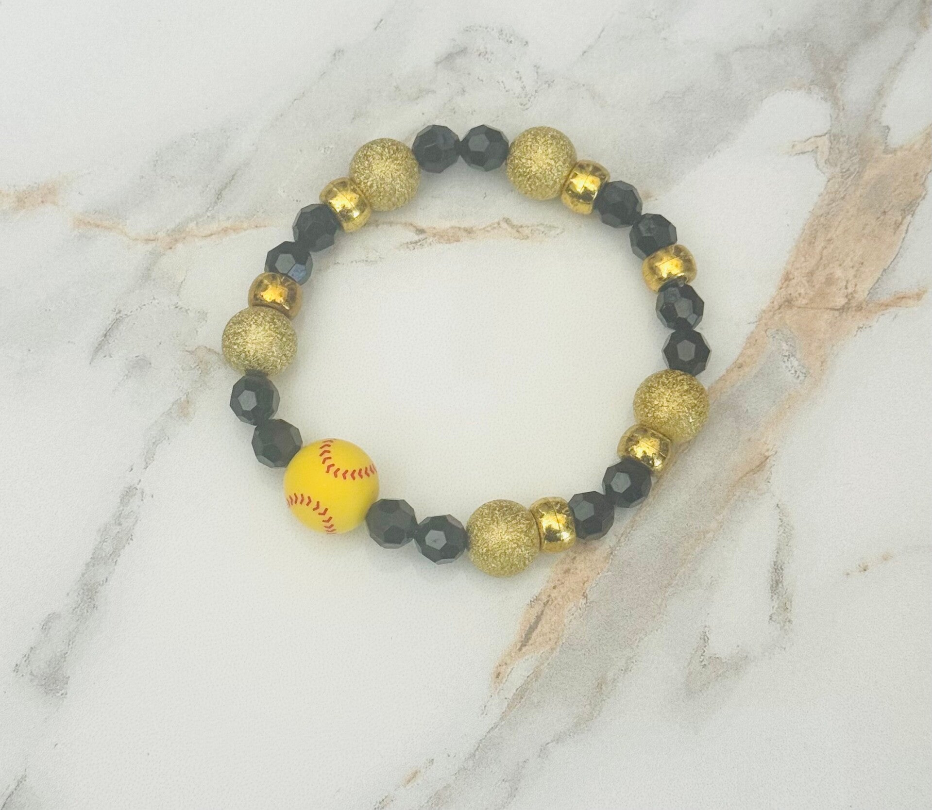 Yellow Softball Bracelet with Black & Gold Beads