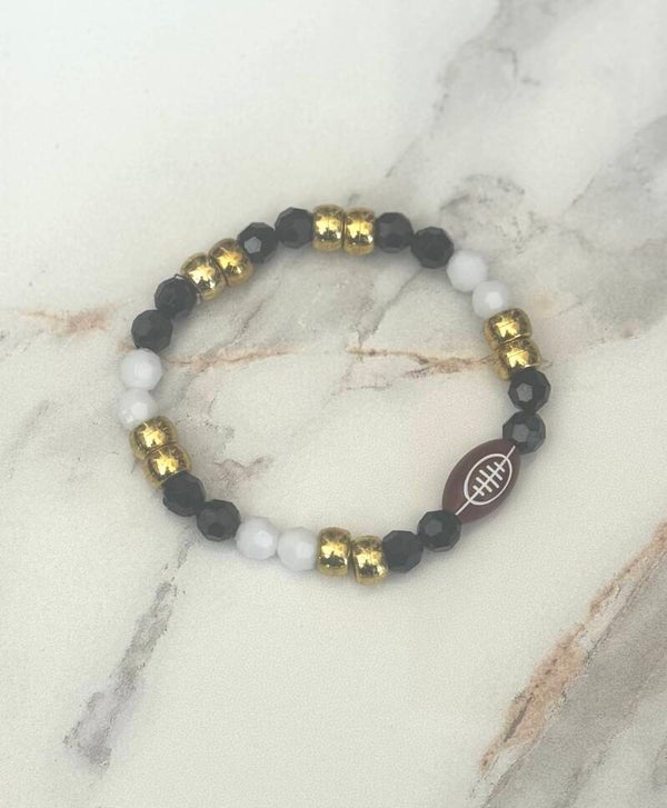 Football Bracelet with Black, White & Gold Beads-Custom Name Available