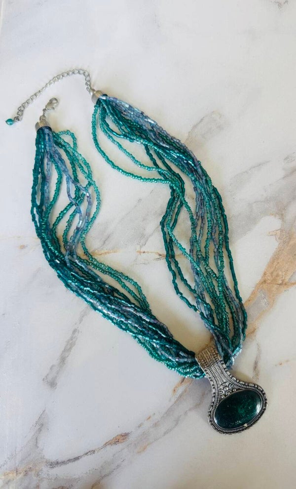 Bohemian Multi-Strand Beaded Necklace with Statement Pendant