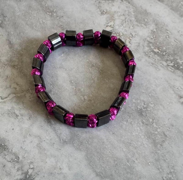 Bold Hematite & Magenta Beaded Stretch Bracelet