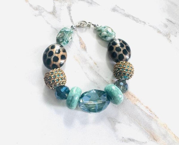 Wild Grace Statement Bracelet – Turquoise, Leopard, and Gold