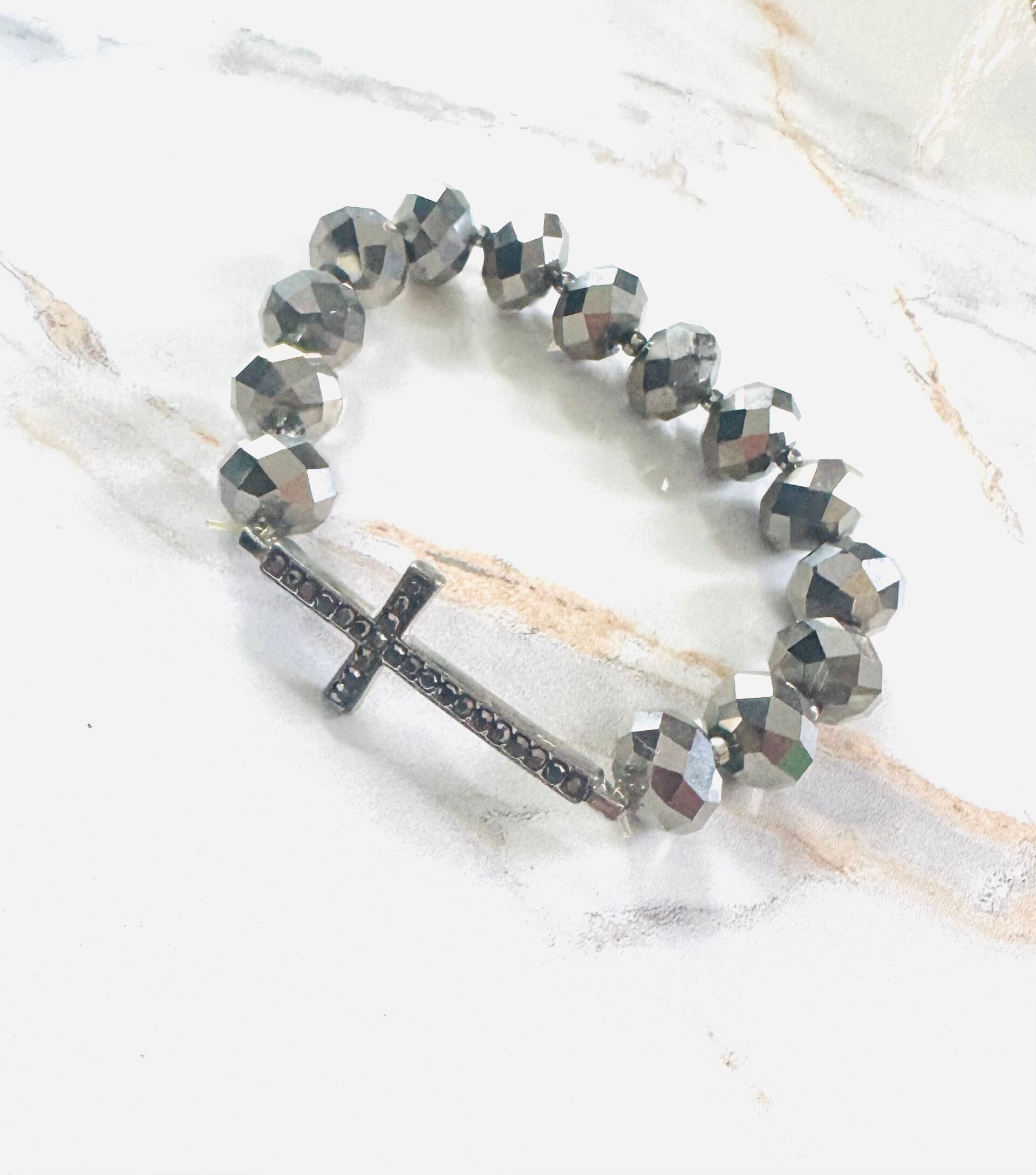 Silver Faith Cross Bracelet – Faceted Beads & Sideways Cross