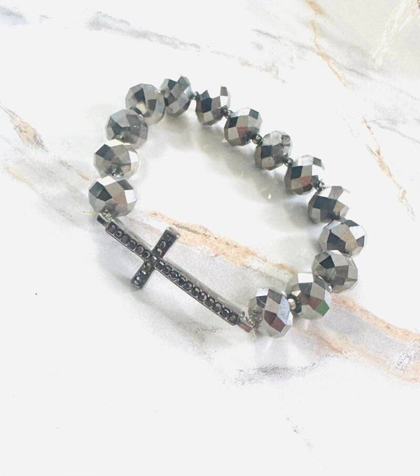 Silver Faith Cross Bracelet – Faceted Beads & Sideways Cross