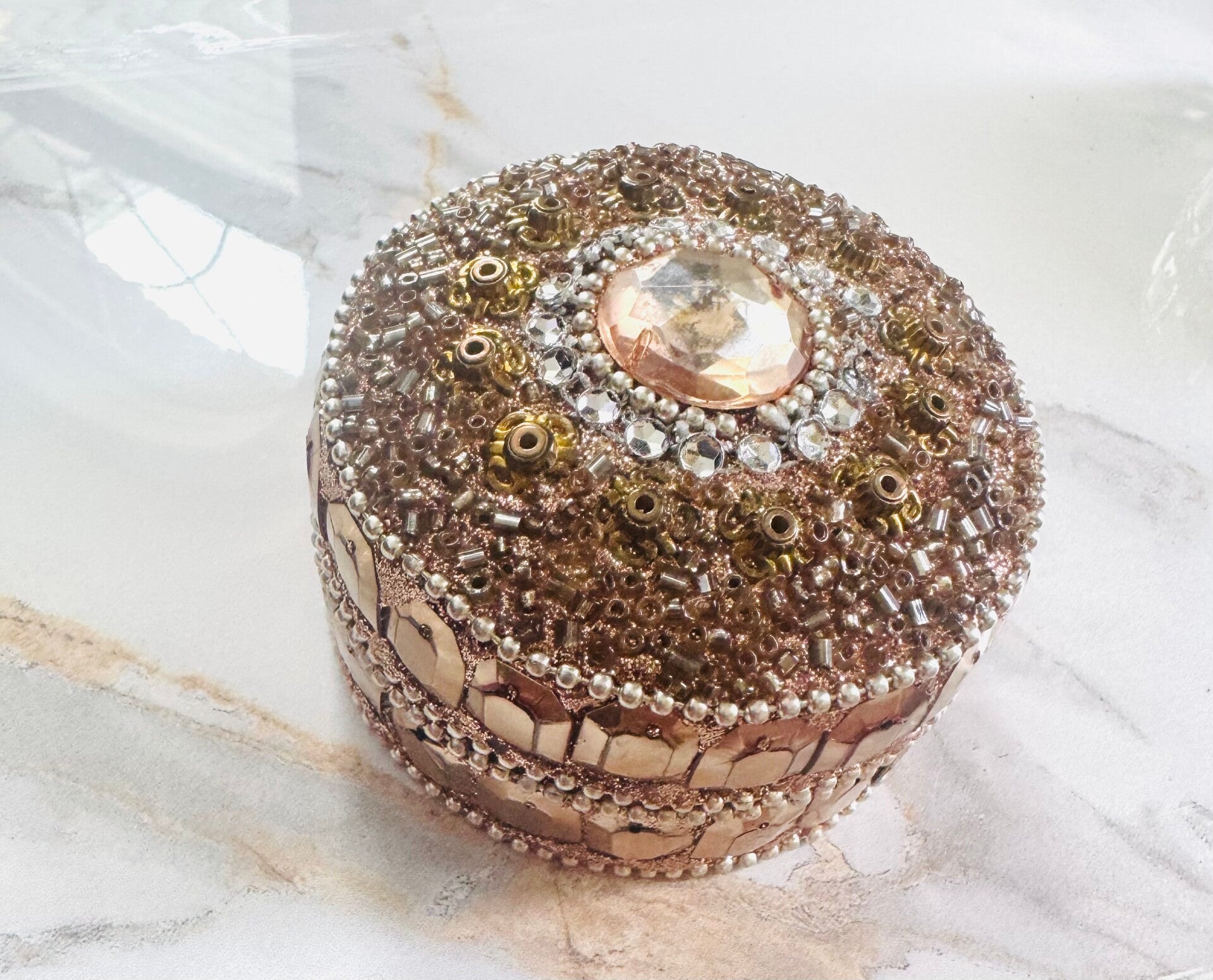 Golden Jeweled Trinket Box with Crystal Accent