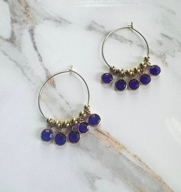 Gold Hoop Earrings with Purple Gemstone Charms