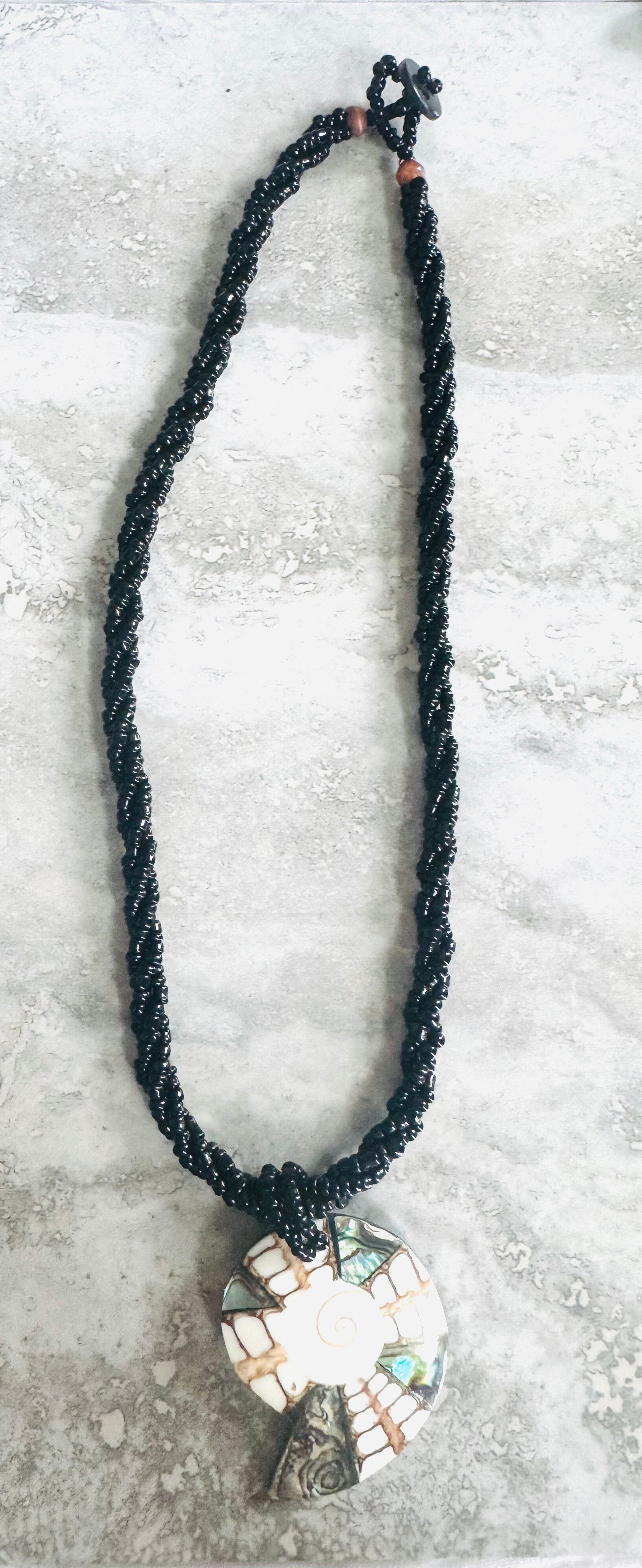 Mosaic Cross Pendant Necklace – Black Beaded Rope with Shell & Abalone Inlay
