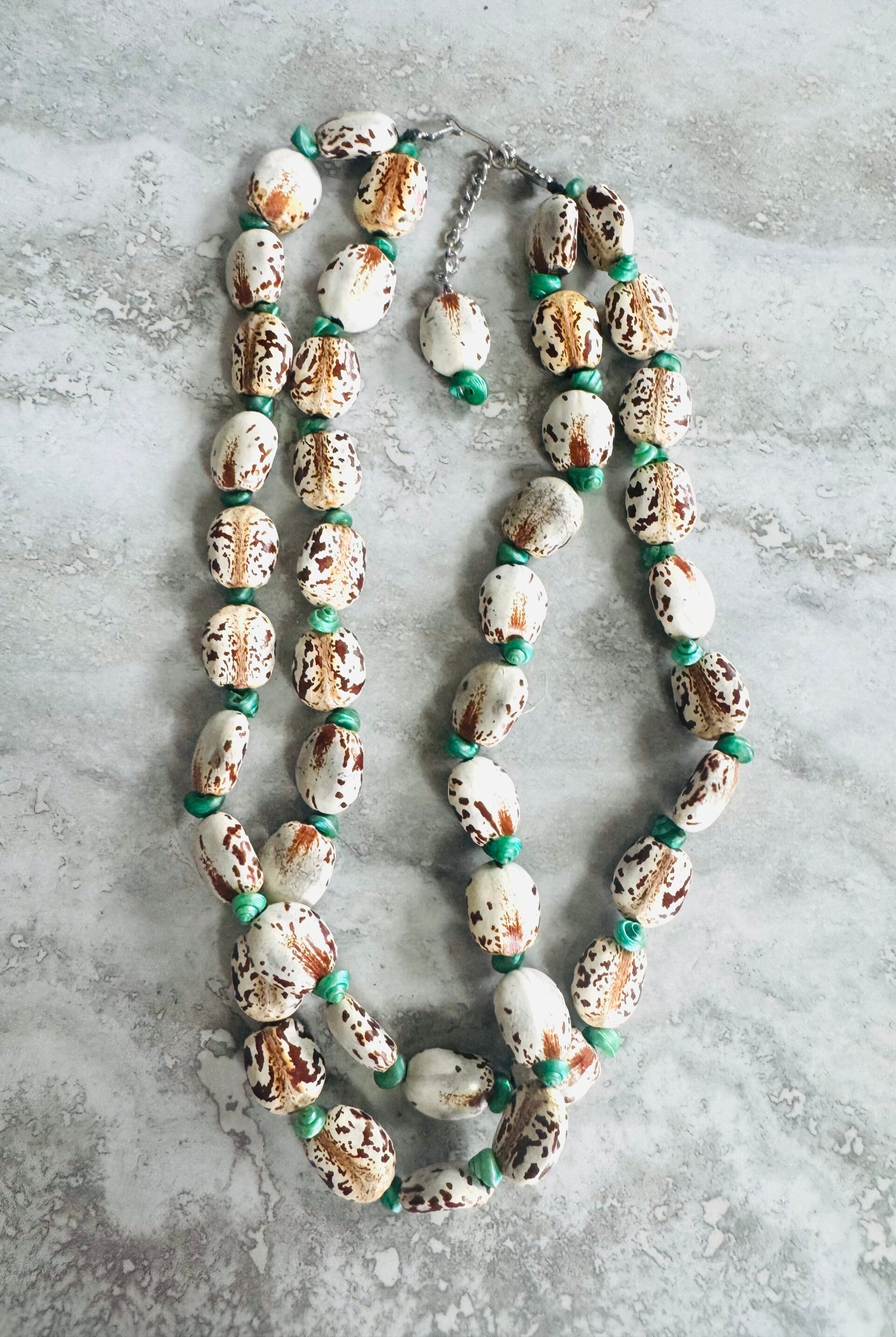 Natural Cowrie Shell Necklace with Green Accents – Double Strand