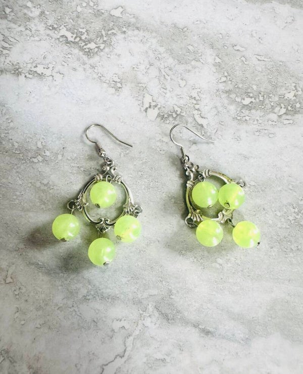 Vintage-Inspired Chandelier Earrings with Neon Green Beads